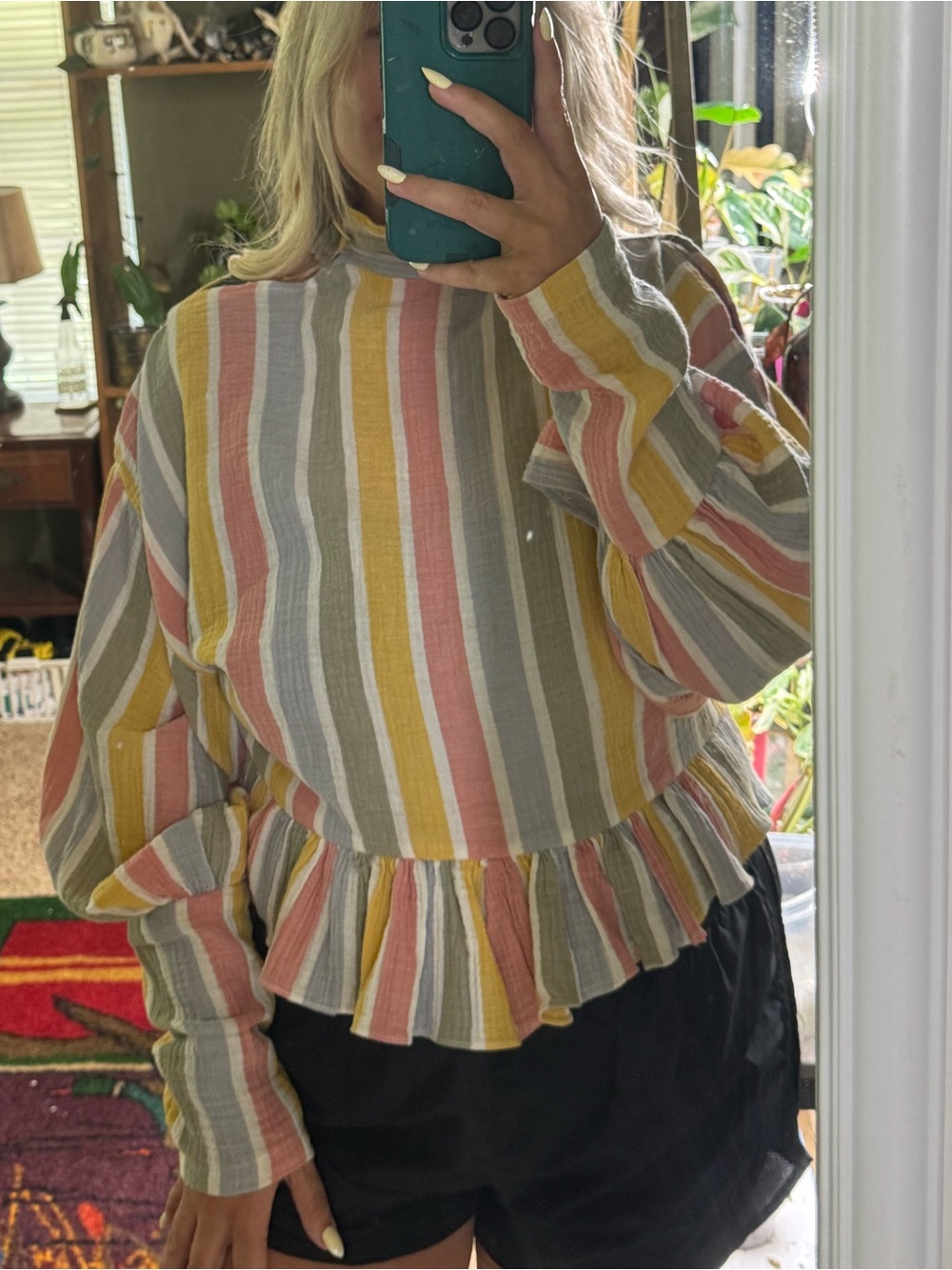 Striped Ruffle-Hem Long-Sleeve Top in Pastel Colors